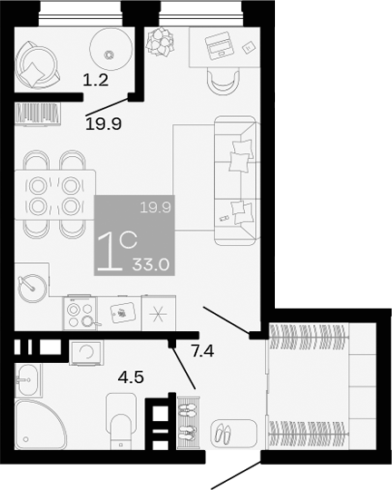 Планировка — Хозяин Морей, Студия, 32 м²