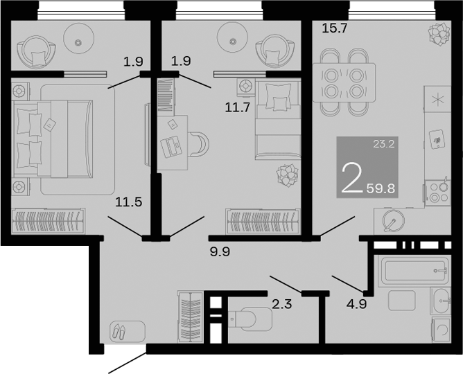 Планировка — Хозяин Морей, 2-комн., 56 м²