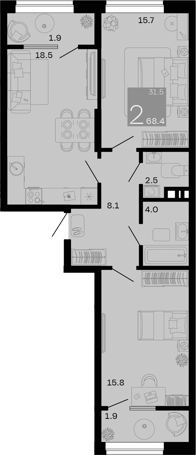 Планировка — Хозяин Морей, 2-комн., 65 м²