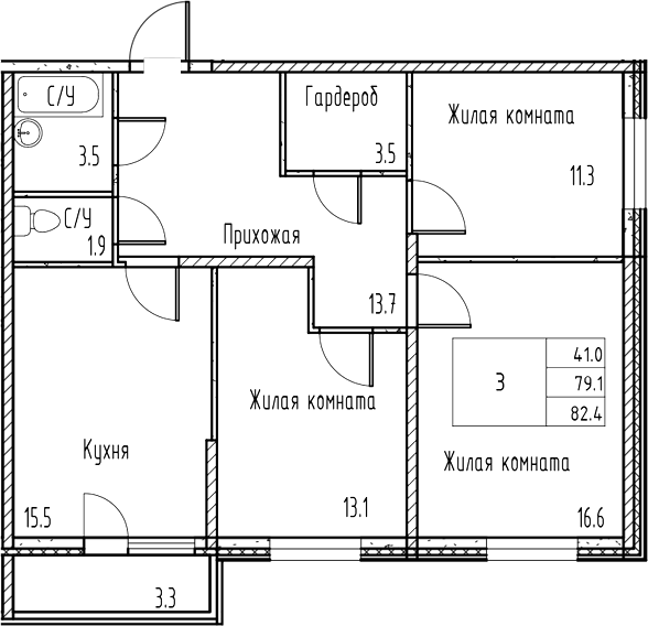 Планировка — Gray, 4-комн., 79 м²