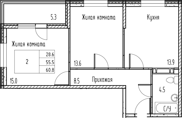 Планировка — Gray, 2-комн., 56 м²
