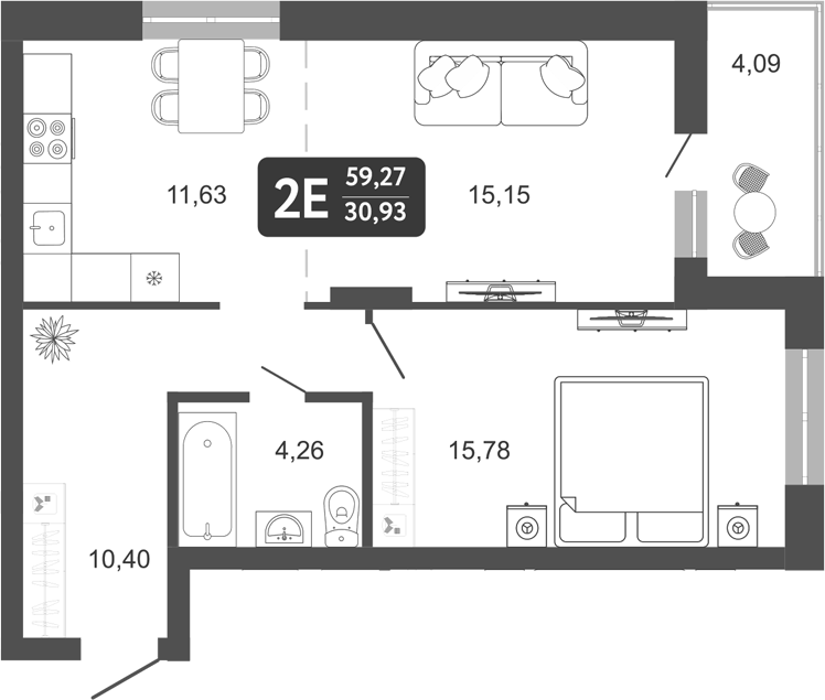 Планировка — Наследие. Кемерово, 2-комн., 57 м²