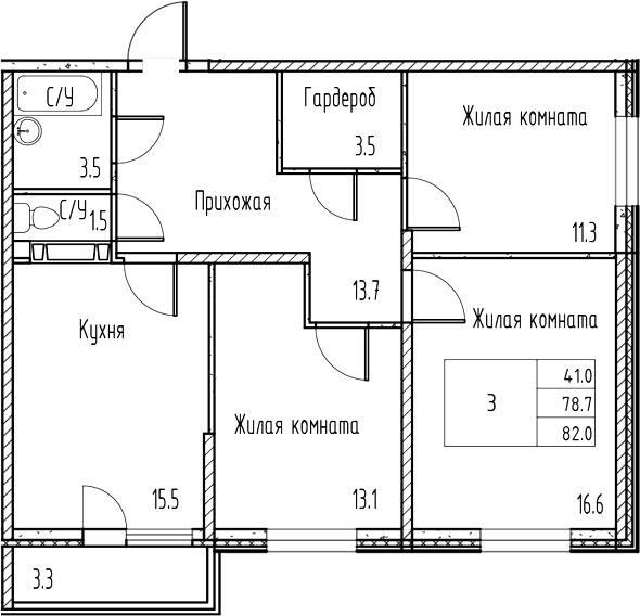 Планировка — Gray, 4-комн., 79 м²