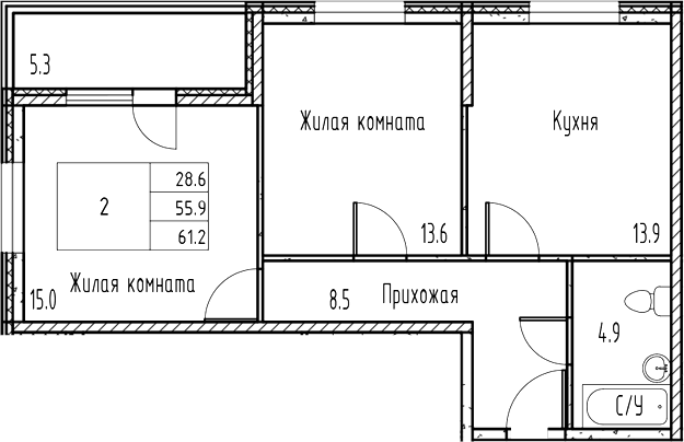 Планировка — Gray, 2-комн., 56 м²