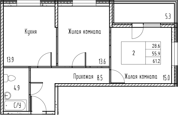 Планировка — Gray, 2-комн., 56 м²