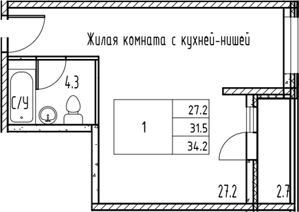 Планировка — Gray, Студия, 32 м²