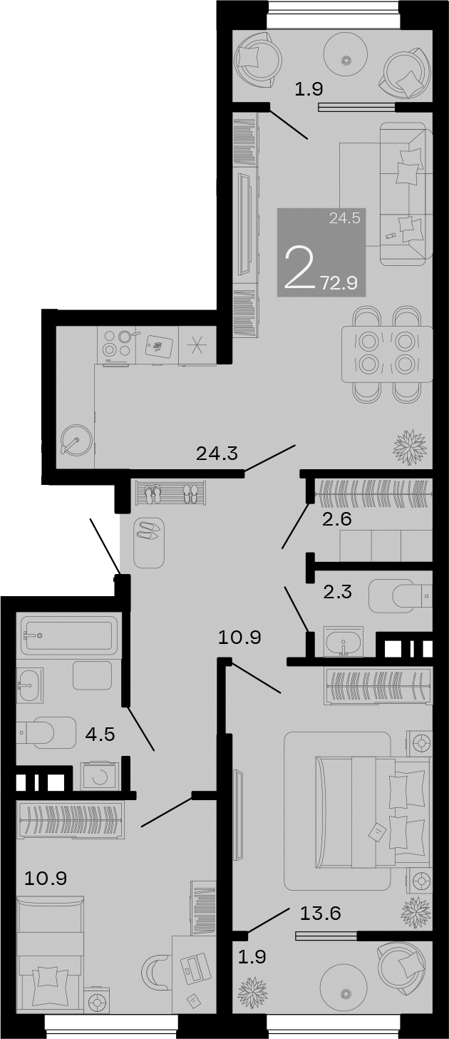 Планировка — Хозяин Морей, 2-комн., 69 м²
