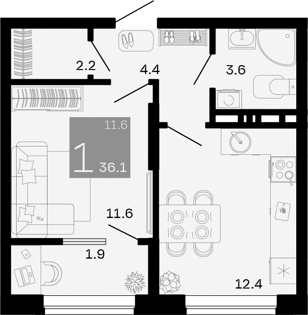 Планировка — Хозяин Морей, 1-комн., 34 м²