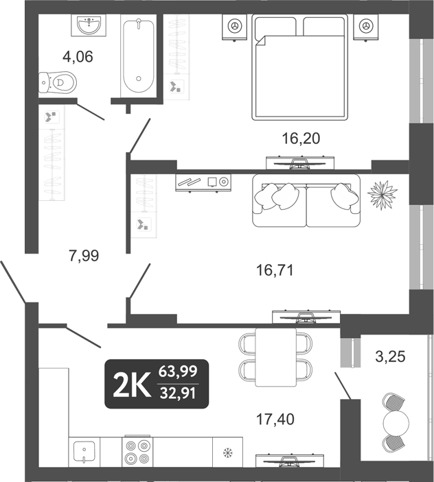 Планировка — Наследие. Кемерово, 2-комн., 62 м²