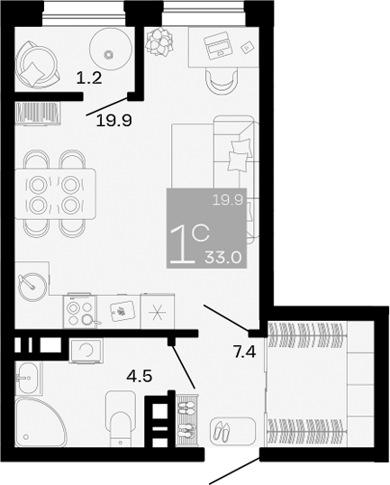 Планировка — Хозяин Морей, Студия, 32 м²