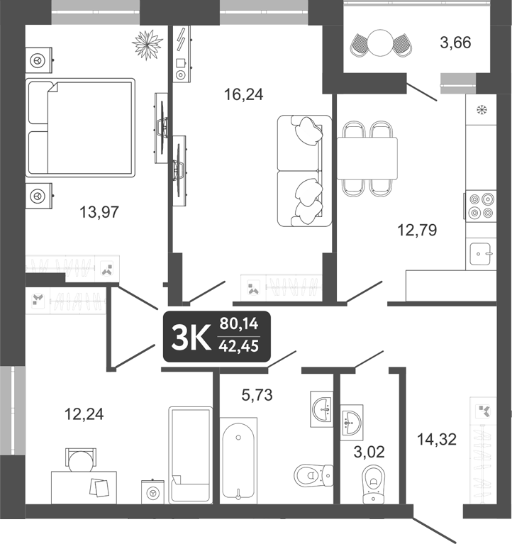 Планировка — Наследие. Кемерово, 3-комн., 78 м²