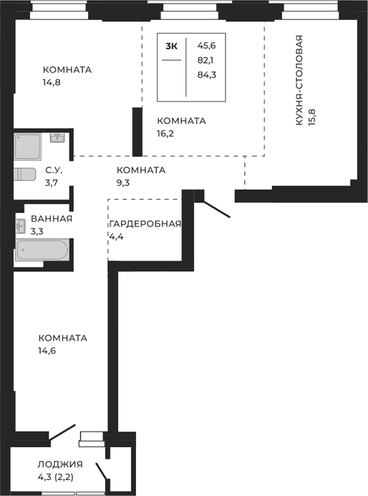 Планировка — ЖеКа Павлов. Барнаул, 1-комн., 84 м²