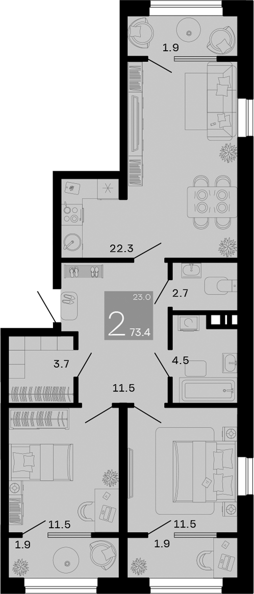 Планировка — Хозяин Морей, 2-комн., 68 м²