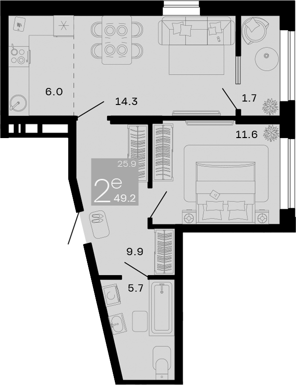 Планировка — Хозяин Морей, 2-комн., 48 м²