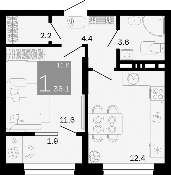 Планировка — Хозяин Морей, 1-комн., 34 м²