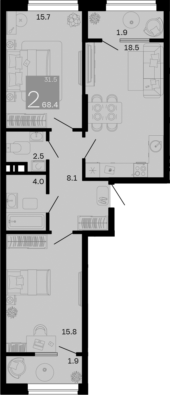 Планировка — Хозяин Морей, 2-комн., 65 м²