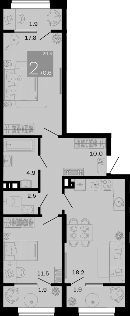 Планировка — Хозяин Морей, 2-комн., 65 м²