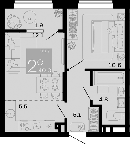 Планировка — Хозяин Морей, 2-комн., 38 м²