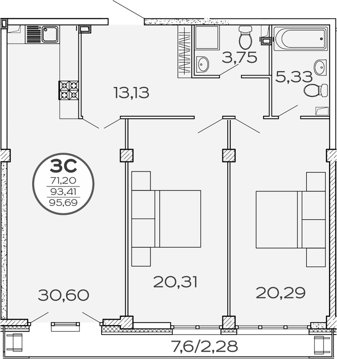 Планировка — Панорама 2.0, 3-комн., 93 м²