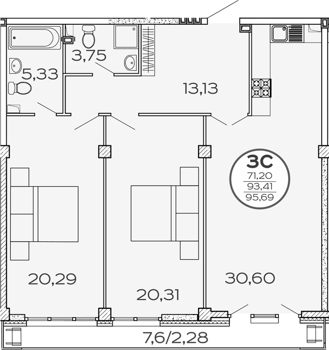 Планировка — Панорама 2.0, 3-комн., 93 м²