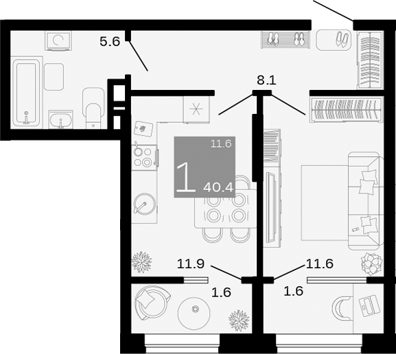 Планировка — Хозяин Морей, 1-комн., 37 м²