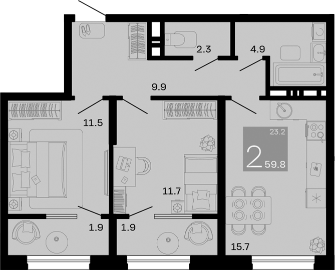 Планировка — Хозяин Морей, 2-комн., 56 м²