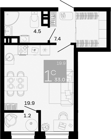 Планировка — Хозяин Морей, Студия, 32 м²