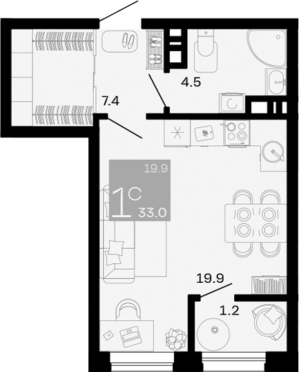 Планировка — Хозяин Морей, Студия, 32 м²