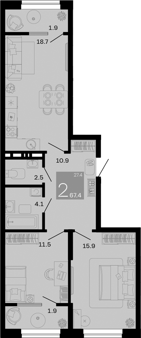 Планировка — Хозяин Морей, 2-комн., 64 м²