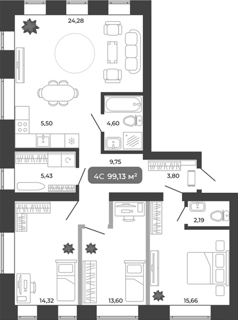 Планировка — Ботаника, 4-комн., 99 м²