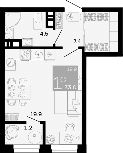 Планировка — Хозяин Морей, Студия, 32 м²
