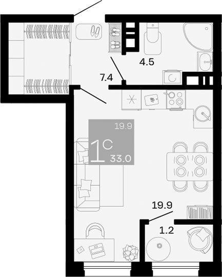 Планировка — Хозяин Морей, Студия, 32 м²