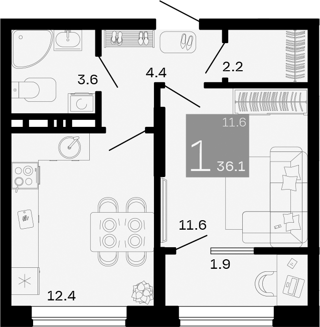 Планировка — Хозяин Морей, 1-комн., 34 м²