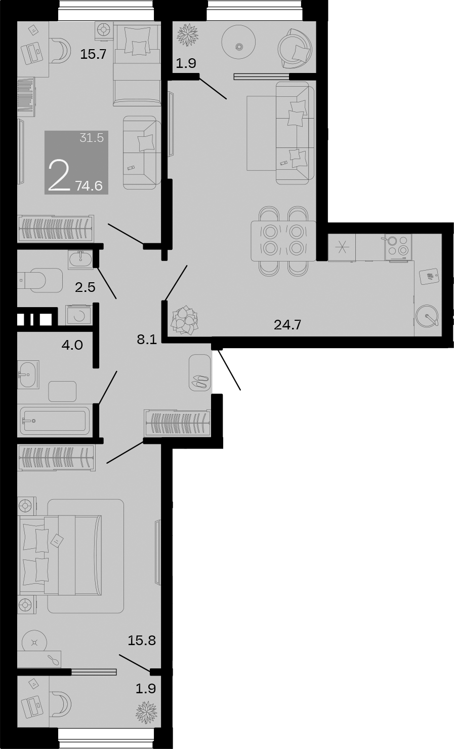 Планировка — Хозяин Морей, 2-комн., 71 м²