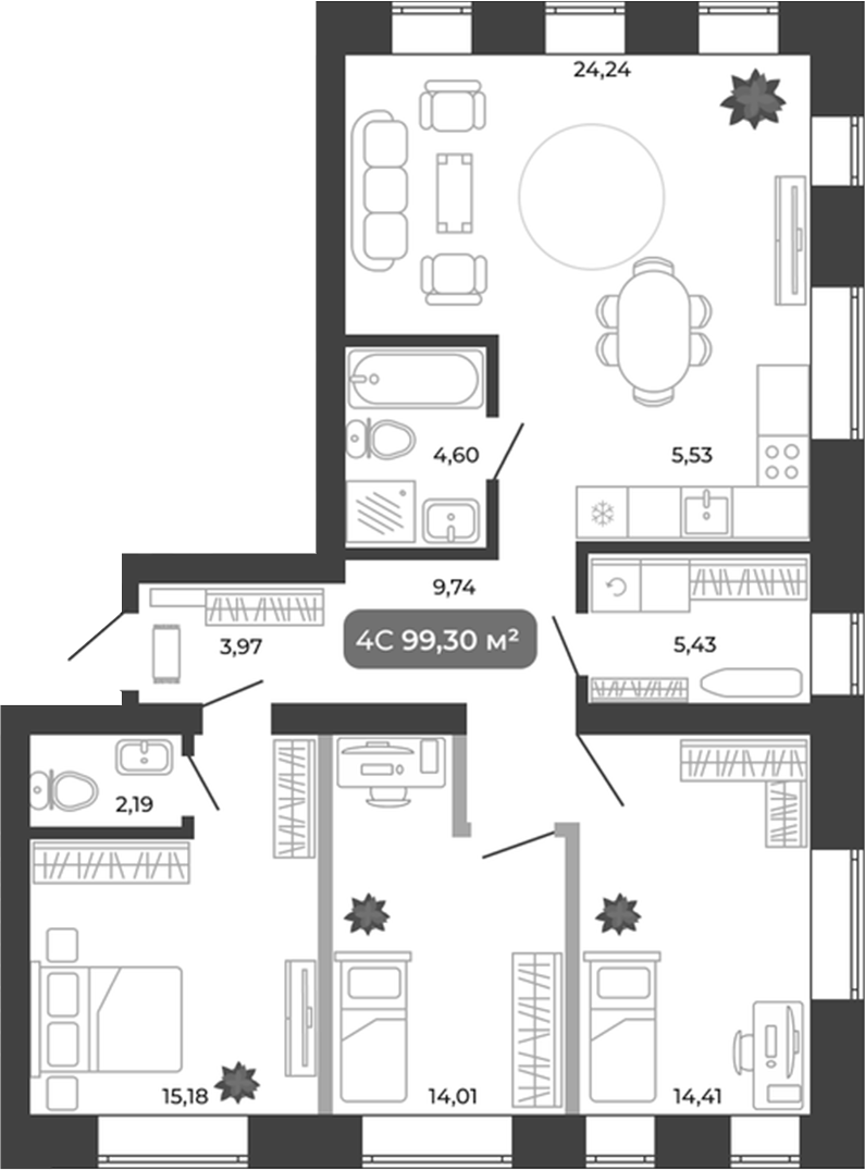 Планировка — Ботаника, 4-комн., 99 м²