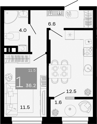 Планировка — Хозяин Морей, 1-комн., 35 м²