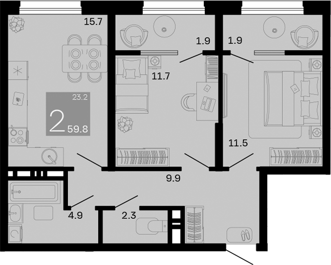 Планировка — Хозяин Морей, 2-комн., 56 м²