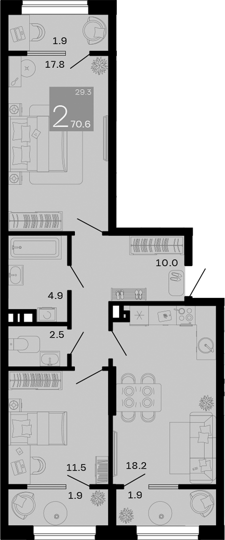 Планировка — Хозяин Морей, 2-комн., 65 м²