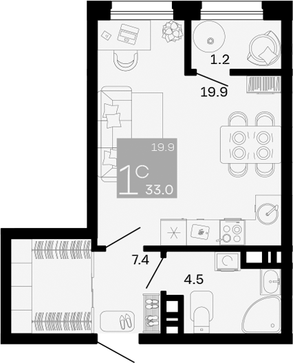Планировка — Хозяин Морей, Студия, 32 м²