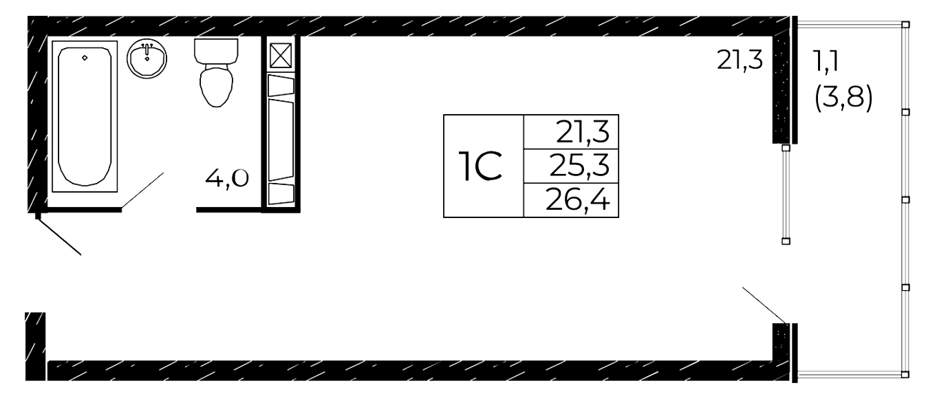 Планировка — Западные аллеи, Студия, 25 м²