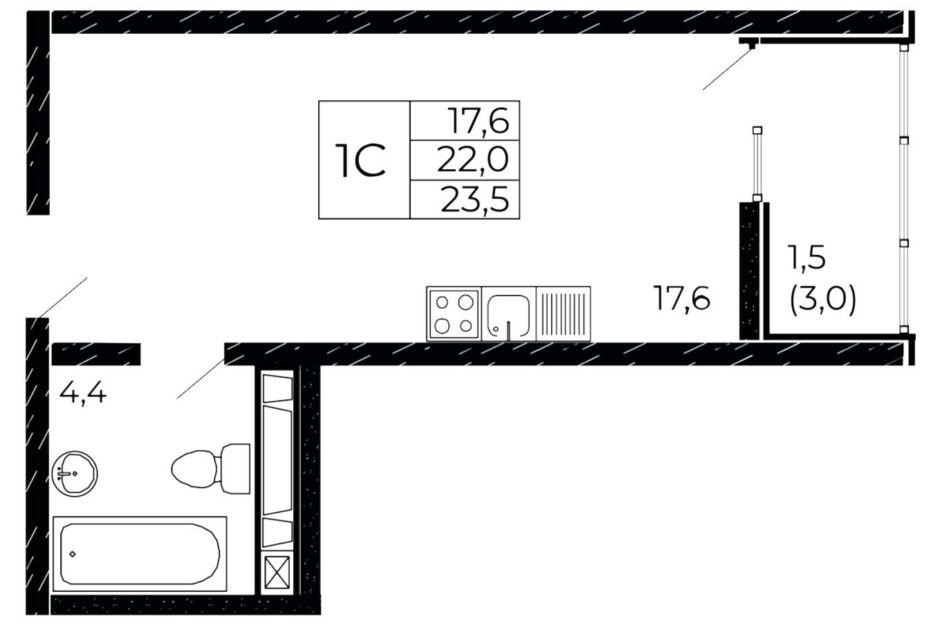 Планировка — Западные аллеи, Студия, 22 м²