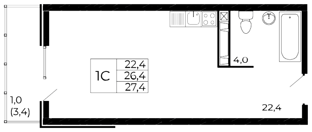 Планировка — Западные аллеи, Студия, 26 м²
