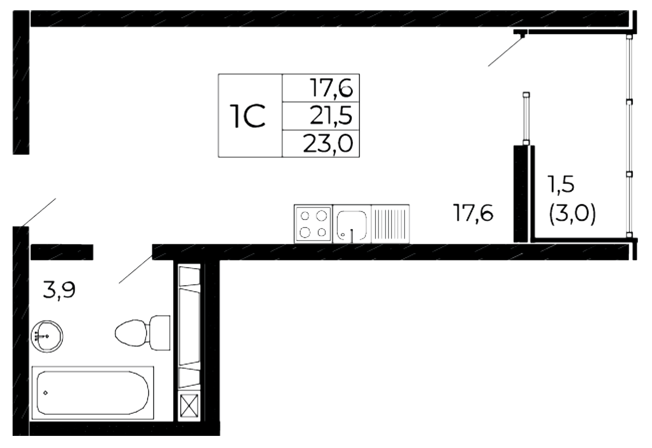 Планировка — Западные аллеи, Студия, 22 м²