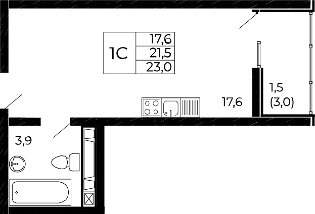 Планировка — Западные аллеи, Студия, 22 м²