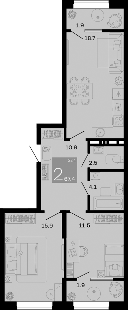 Планировка — Хозяин Морей, 2-комн., 64 м²
