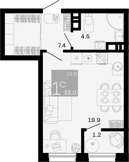 Планировка — Хозяин Морей, Студия, 32 м²