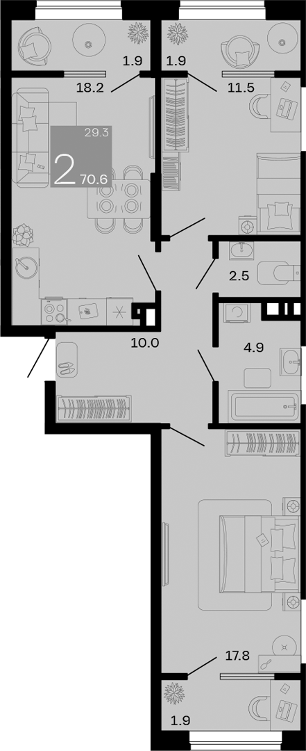 Планировка — Хозяин Морей, 2-комн., 65 м²