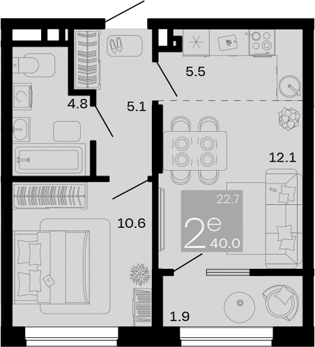 Планировка — Хозяин Морей, 2-комн., 38 м²