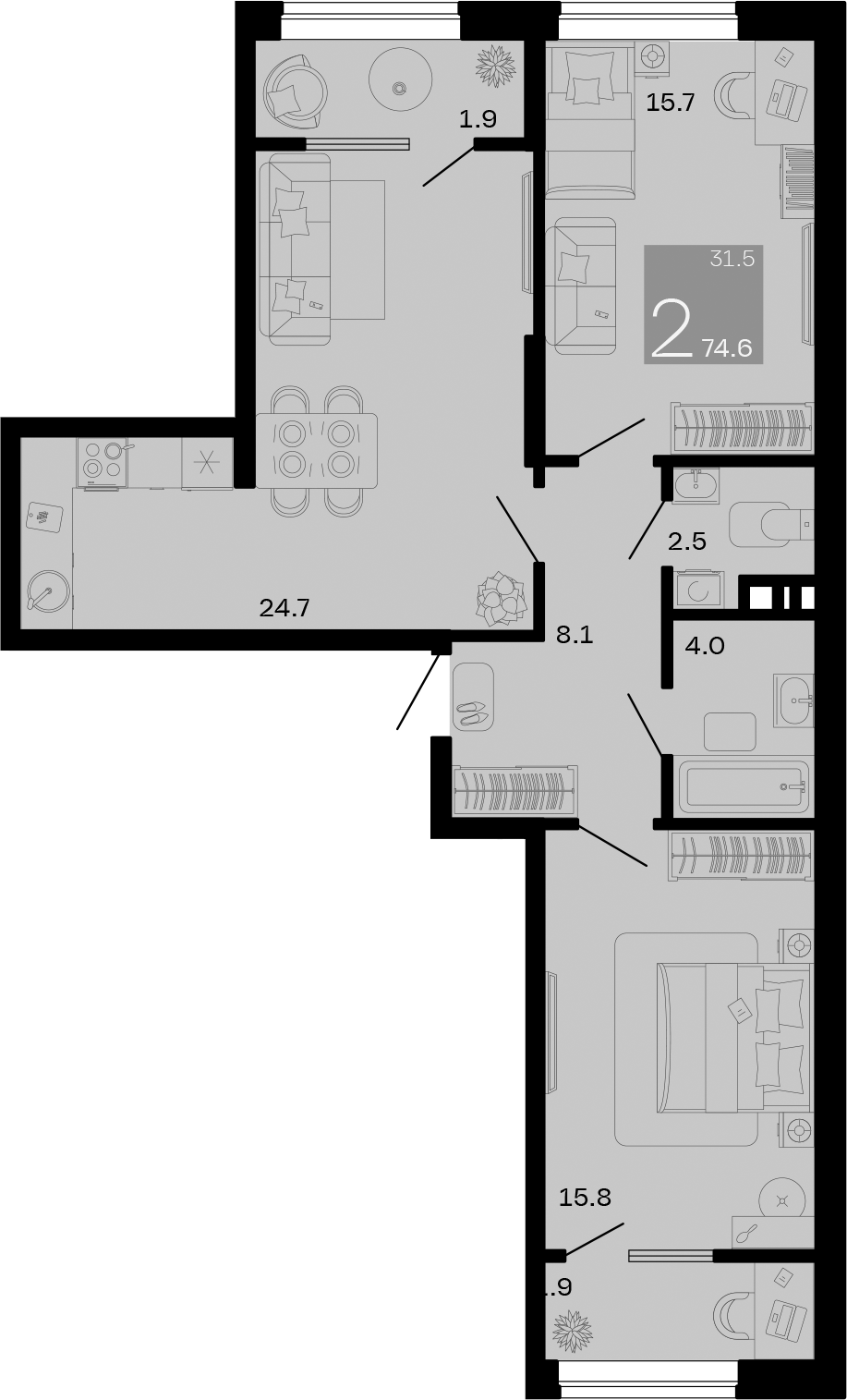 Планировка — Хозяин Морей, 2-комн., 71 м²