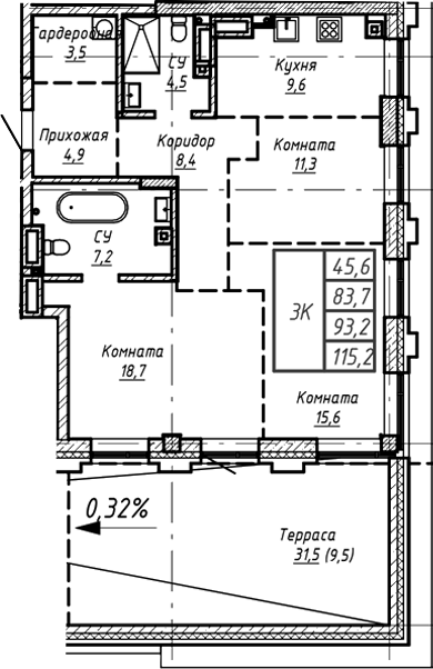 Планировка — Барнаул, 1-комн., 93 м²